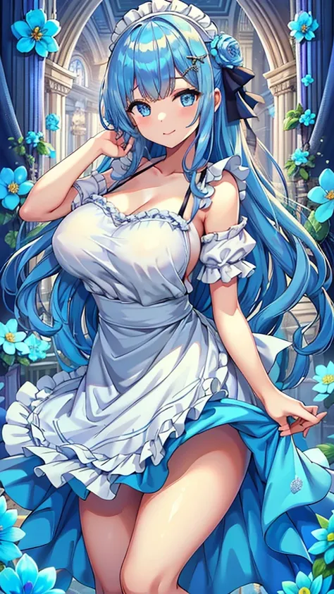 Masterpiece、Highest quality、Super detailed、1 girl、(Big Tits)、Fluffy and soft long hair、Blue Eyes、Cleavage、((Underboobを見せる))、smile、Too big soft breasts、Blue Hair、Underboob、Underboob、Underboob、My light blue dress、apron