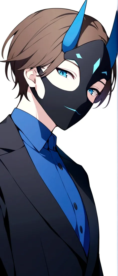 (man in half smile mask on the left side )(blue color)(blue eyes) brown hair)(blue horns)(Dressed in black)(Short haired)(alone)