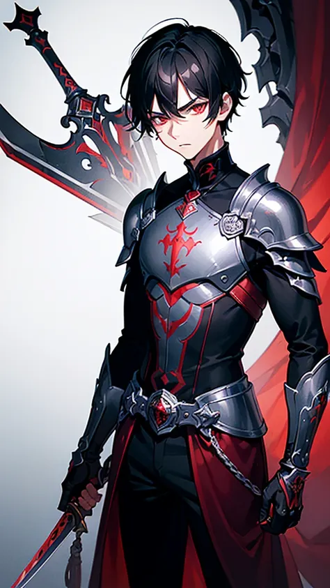 (((masterpiece))),(((best quality))),(((extremely detailed))),illustration,4k, boy 15-year-old male, black hair, bright scarlet eyes, hateful gaze, serious face, dark aura, sword embedded in the ground, black blade with red details, white background, looki...