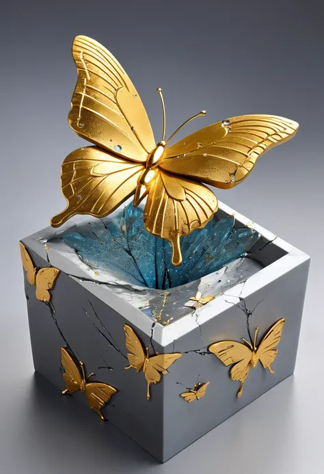 ((exhibit，Still Life Table，Artistic statues，3D Sculpture，ceramics，Surface cracks，Shattered Texture)), Butterfly，Stay in the cube，desktop，Show the beauty of nature.Kaneko，Gold Dust， This artwork is presented on a grey background，Emphasize its artistic quali...