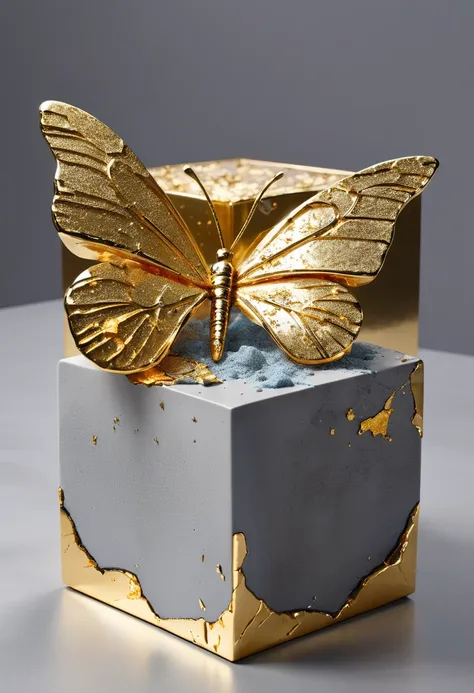 ((exhibit，Still Life Table，Artistic statues，3D Sculpture，ceramics，Surface cracks，Shattered Texture)), Butterfly，Stay in the cube，desktop，Show the beauty of nature.Kaneko，Gold Dust， This artwork is presented on a grey background，Emphasize its artistic quali...