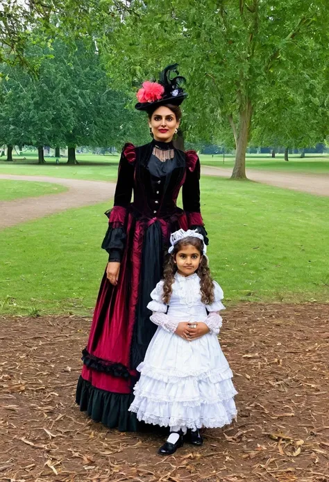 indian mother with daughter in victorian outfit in park