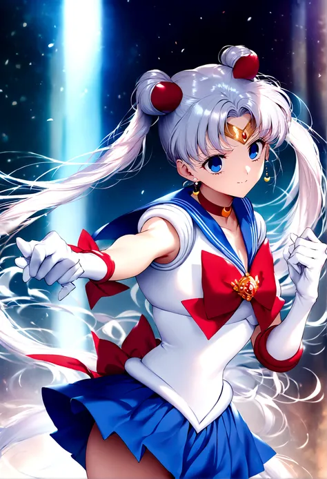 (masterpiece, Highest quality, so beautiful, Super detailed), Intricate details, 4K, Honestly, Long Hair, Double Bang, Twin tails, Parted bangs, tiara, Earrings, blue eyes, Red choker, Blue sailor collar, Red Bow, White shirt, Elbow hand pockets, White glo...