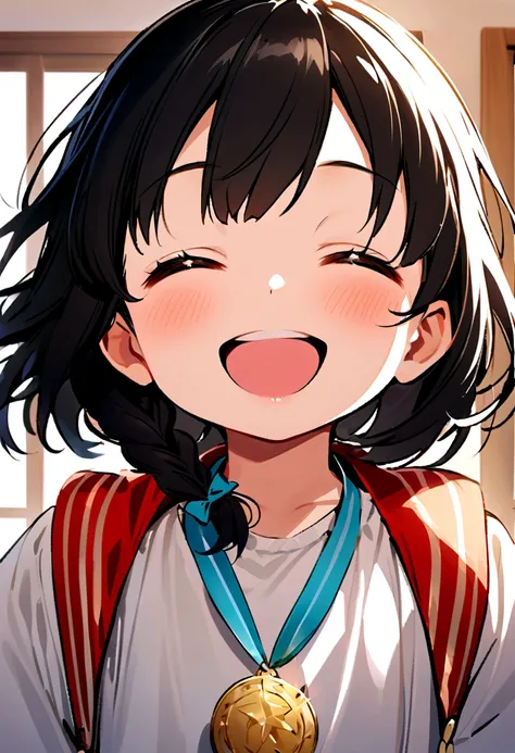 A cute five year old ,With braided black hair and bangs, wearing a primary  with a first place medal around her neck smiling happily her eyes closed 