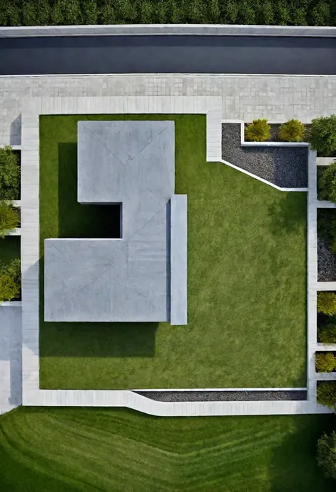 exterior house, aerial view, modern style, concrete wall, nice landscape, realistic, highquality,