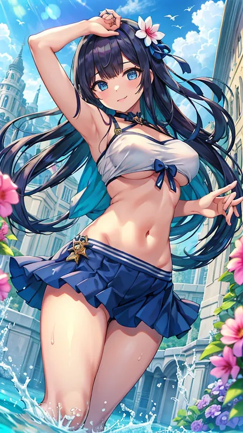 Masterpiece、Highest quality、Super detailed、1 girl、(Big Tits)、Fluffy and soft long hair、Blue Eyes、Cleavage、((Underboobを見せる))、smile、Too big soft breasts、Blue Hair、Underboob、Underboob、Underboob、Breasts spilling out