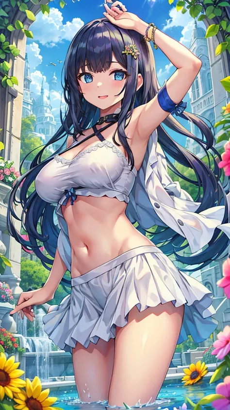 Masterpiece、Highest quality、Super detailed、1 girl、(Big Tits)、Fluffy and soft long hair、Blue Eyes、Cleavage、((Underboobを見せる))、smile、Too big soft breasts、Blue Hair、Underboob、Underboob、Underboob、Breasts spilling out