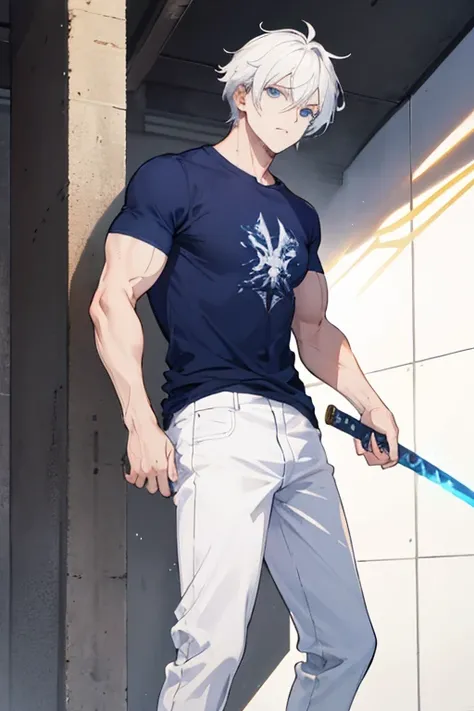 white haired man, blue eyes, muscles dressed in light blue t-shirt, white pants and brown flip flops, white-skinned man with a golden sword at his side