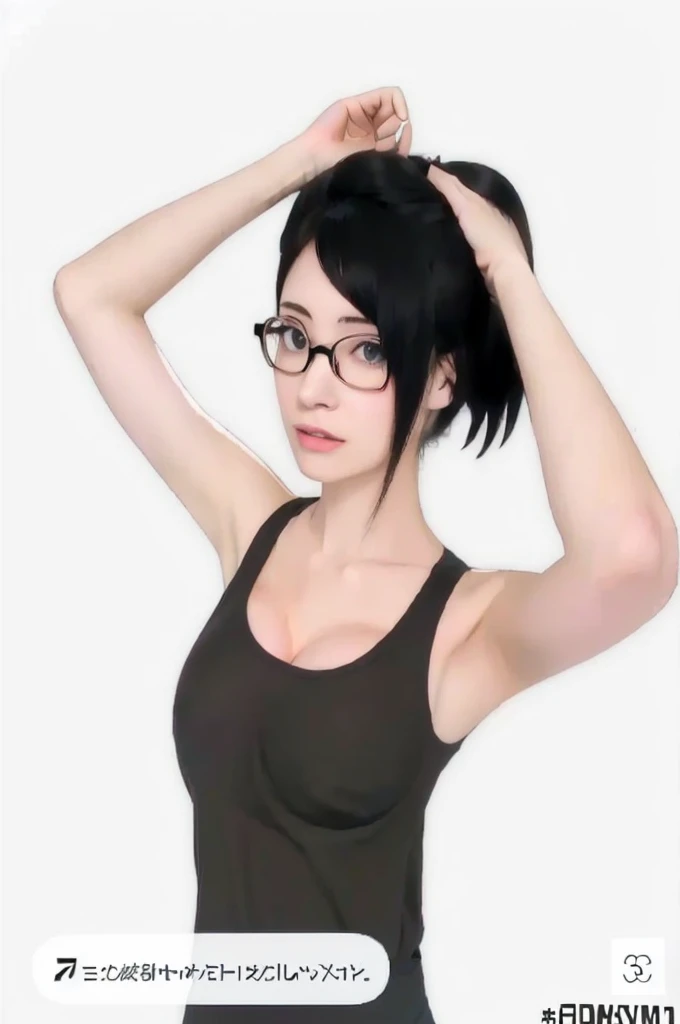 anime girl with glasses and a black top holding her hair up, (((Big Breast:1.2))), ((nipples)), hints of yayoi kasuma, tina belcher, yayoi kasuma, tina belcher as a real person, hinata hyuga, junko enoshima, natural tpose, anime moe artstyle, thinking pose...