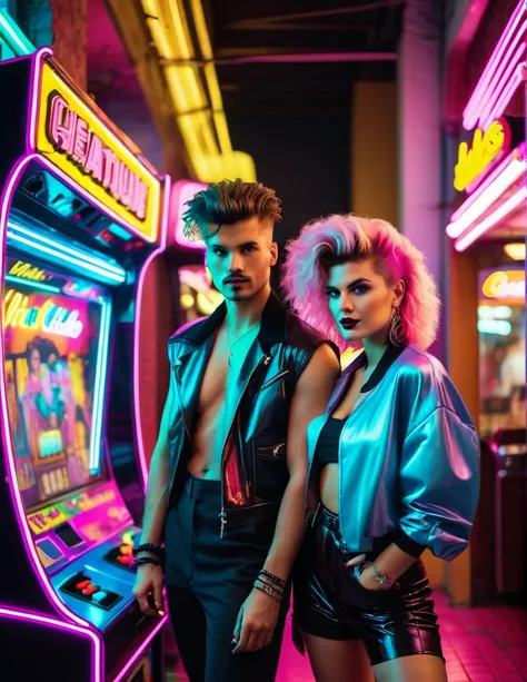 Man and Woman with iconic 80s new wave hair do and an 80s iconic new wave fashion outfit, posing in an 80s City center with vintage neon lit indoor arcade machine nearby