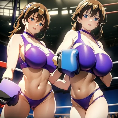 Two people draw , Kyoto animation , Nsfw , Women boxing , monokini swimsuits , boxing rings, huge breasts.