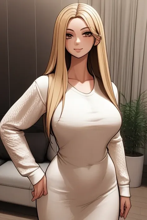 score_9, score_8_wonderful, score_7_wonderful, Hello、he, Brown eyes, blonde, Multicolored Hair, Long Hair,Long sleeves Round neck ,Khaki T-shirt maxi ((tight)) dress、Are standing,Big Breasts、One Girl、