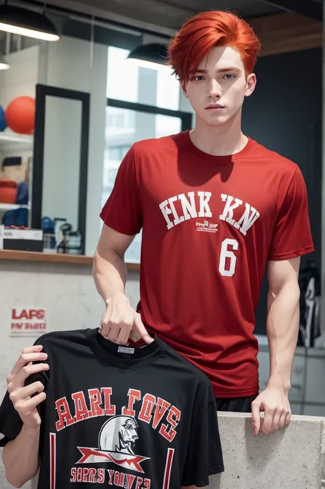 redhead boy selling sports t-shirt