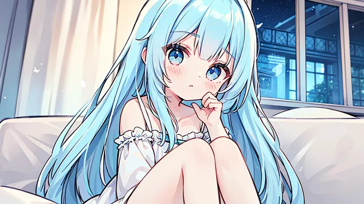 light blue hair、light blue eyes、long hair、cute、young、aloneの、wearing a white dress、sitting on the sofa、looking at me、face is clos...