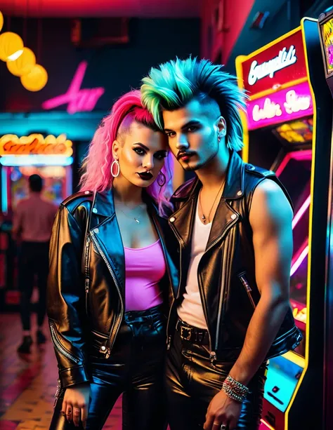 Man and Woman with iconic 80s new wave hair do and an 80s iconic punk rock fashion outfit, posing in an 80s City center with vintage neon lit indoor arcade machine nearby