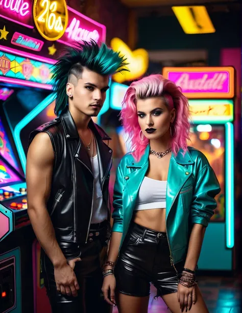 Man and Woman with iconic 80s new wave hair do and an 80s iconic punk rock fashion outfit, posing in an 80s City center with vintage neon lit indoor arcade machine nearby