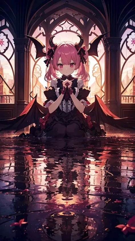 Devil horns, Devil Cosplay,Pink Hair, (masterpiece、Highest quality、Highest quality、Official Art、Beautiful and aesthetic:1.2)、(One Girl:1.3)、(Fractal Art:1.3)、Lolita、So cute