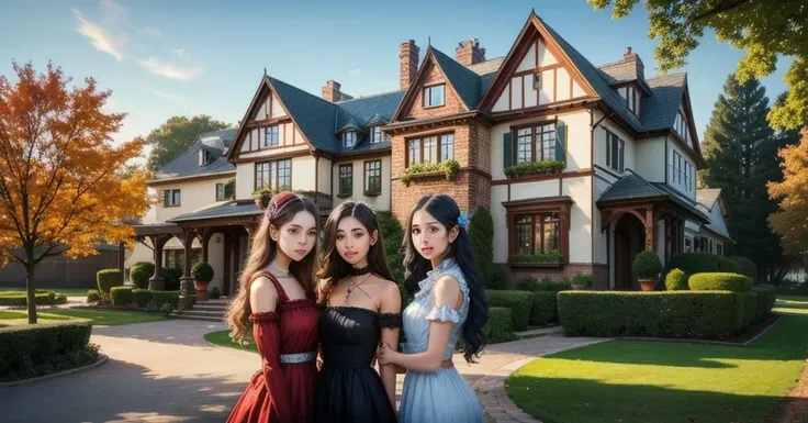 Three beautiful girls live in a mansion 
