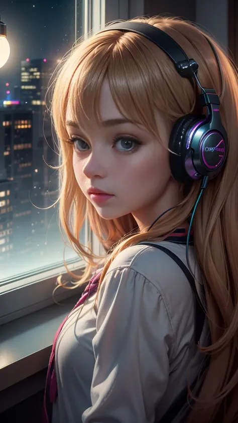 Create a high quality image, extreme detail, ultra definition, extreme realism, high quality lighting, 16k UHD, a girl, headphones, in front of a desk studying, (window with opaque glass), night, soft and warm ultra definition light, lofi style, view from ...