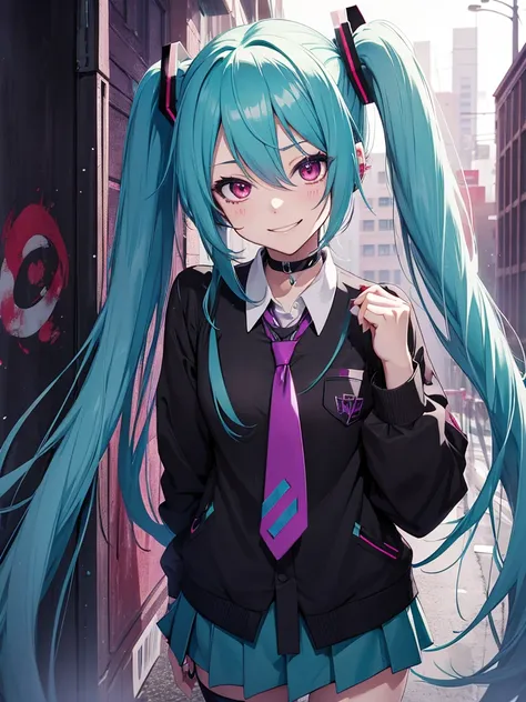 hatsune miku, emo, goth, black and purple hair, red eyes, smiling, school wear, soaked in blood, yandere