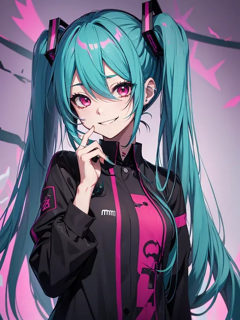 hatsune miku, emo, goth, black and purple hair, red eyes, smiling, school wear, soaked in blood, yandere