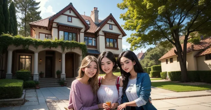 Three beautiful girls live in a mansion 
