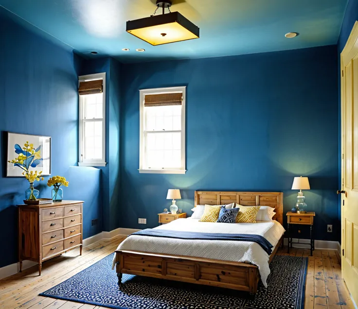 Blue ceiling, lamp, wooden bed, blue walls, white glass, black frame, light yellow carpeted floor