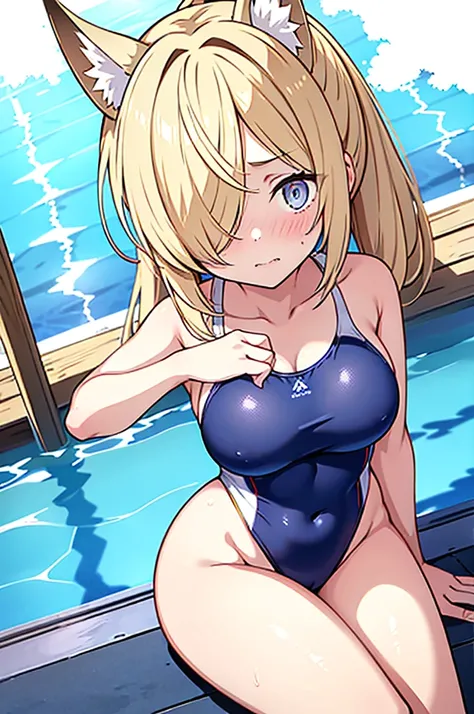 1 girls, Ogata kanna, masterpiece, best quality, high quality, beautiful, swimming pool, a girl, shy, embarrassed, sitting on the floor, legs spread, looking at viewer, long hair, ponytail, hair over one eye, blonde, blue eyes, eyes open, slant eyes, fair ...