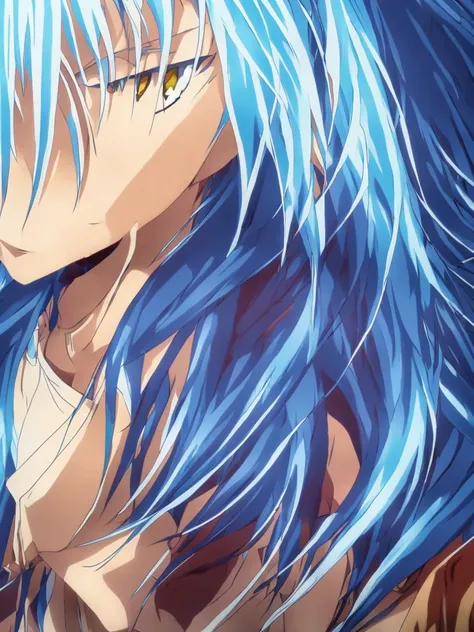 a detailed anime style illustration of Rimuru Tempest with long blue hair, golden eyes, well-defined facial features, in demon lord form, masterpiece, 8k, photorealistic, hyper detailed, dramatic lighting, cinematic composition, striking pose, vibrant colo...