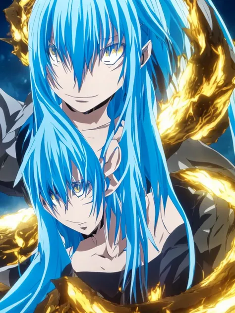 a detailed anime style illustration of Rimuru Tempest with long blue hair, golden eyes, well-defined facial features, in demon lord form, masterpiece, 8k, photorealistic, hyper detailed, dramatic lighting, cinematic composition, striking pose, vibrant colo...