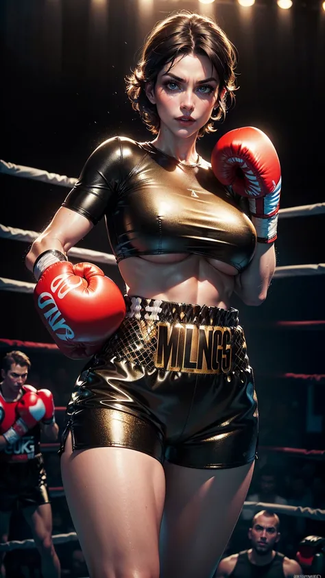  (best quality, 4k, 8k, highres, masterpiece:1.2), ultra-detailed, (realistic, photorealistic, photo-realistic:1.37), Busty mature curvy Denise Milani,
(Short-sleeved black leather romper shorts, glowing golden linings), ((boxing gloves:1.4)),