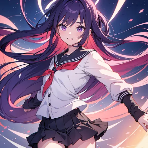 Anime Style, girl, Joshikousei, pink school outfit, Red ribbon, Long Hair, Dark blue hair, Violet eyes, smile, happy, Oshi no ko Style, highSchool background, HD, beautiful, very neat