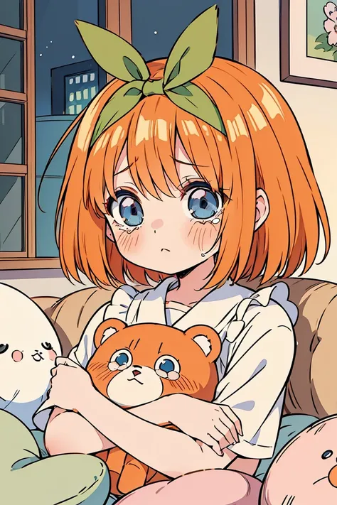 little sad yotsuba, bear ears, cute puffy eyes, cute puffy cheek. yotsuba nakano, yotsuba sitting down, surrounded by pillows, yotsuba hugging a plush. bear plushie, hugging a plushie bear, (1 girl, solo, alone), , sfw, nakano_yotsuba, blue eyes, indigo ey...