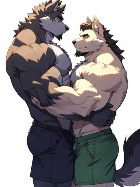 4k, high resolution, best quality, perfect colors, perfect shadows, white background, 2boy, mature male, 40s, bara, beard, thick eyebrows, furry, wolf, shirtless, shorts, long hair, blushing, shy, reverse hug, hugging, love, gay love, yaoi, muscular, huge ...