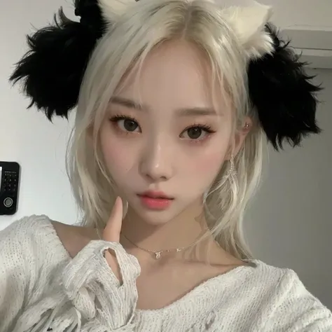 araffe girl with a cat ear and a white sweater, ulzzang, roseanne park of blackpink, heonhwa choe, shikamimi, her hair is white, xintong chen, with black pigtails, korean girl, whitebangsblackhair, sun yunjoo, pigtails hairstyle, wan adorable korean face, ...