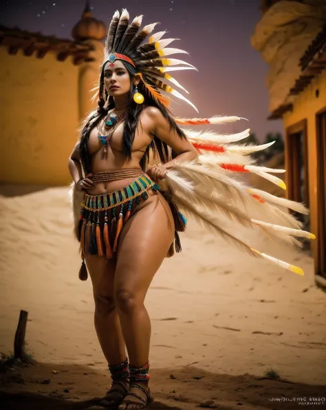 Beautiful Cherokee Indian woman with beautiful terracotta colored headdresses, blackw, doradas, cobre, Pearl, white and beige, feathers made of bright neon of various colors, flares on camera, bokeh, full moon night
