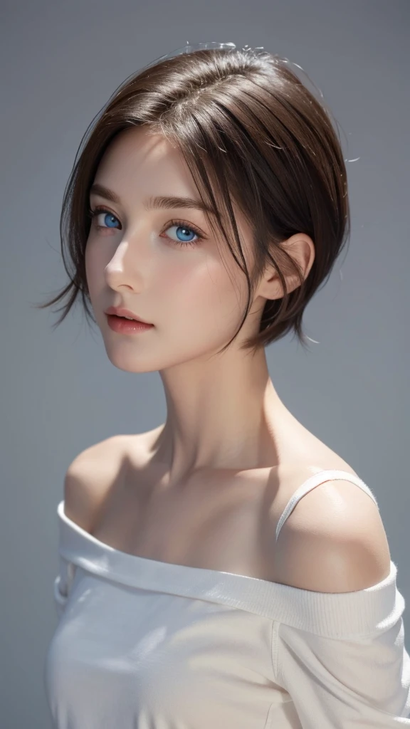 Tight white top:1.2, Looking at the audience, light, Perfect, Soft Light, High resolution skin:1.2, Realistic skin texture, 18 year old female, 、Small face、without make-up、Off-shoulder,Bust C cup, blue eyes, short hair, Dark brown hair、full-body shot、Gray ...