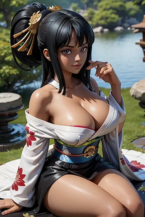 (masterpiece), best quality, expressive eyes, perfect face, front lighting, (outside japanese garden background), (posing), (smirk), (cleavage view), (1girl, milf, nico robin, latina, dark skin, long black hair with bangs, ponytail bun with hairbow hairsty...