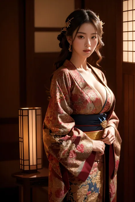 a beautiful japanese woman wearing an ornate kimono with intricate embroidery, extremely large breasts, dark lighting, cinematic, artistic composition, looking at viewer, masterpiece, ultra-detailed, 8k, photorealistic, chiaroscuro lighting, elegant, refin...