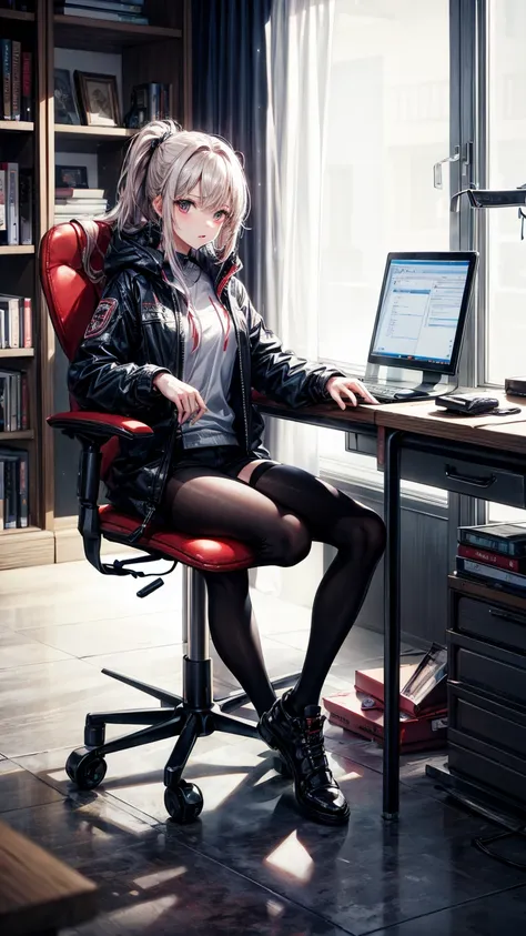 8k quality、high resolution、high resolutionの肌、thin legs、full body shot、moist lips、sitting at a desk looking at documents