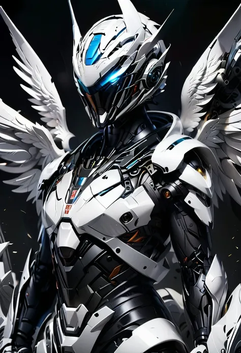 Hero with helmet and furious wings. Black and white suit. Blue eyes. Hyperrealistic. Badass. Robotic.