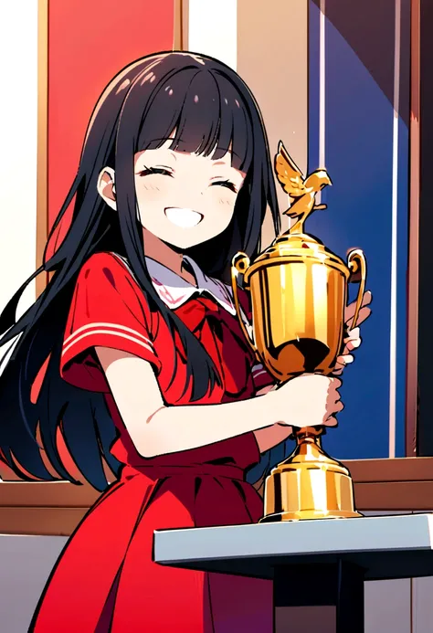 A ten year old girl,with long black hair with bangs, standing in a podium holding a trophy, smiling happily her eyes closed, wearing a  with a red skirt