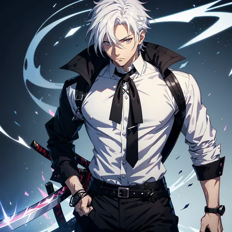 Male anime character with white hair white shirt and black pants and a katana on his back 