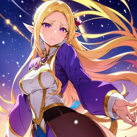 anime woman, elf, pointy ears, long blonde hair, purple eyes, sassy expression, gold crown with blue pendant, winter outfit, blu...