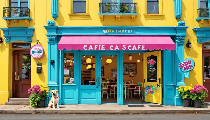 Create a bright and cheerful image of a cafe entrance. Above the door, theres a large, colorful sign that says WONDERFUL WANDA in big, bold letters. The sign should be the main focus of the image. Use vibrant colors like yellow, light blue, and pink. Cute ...