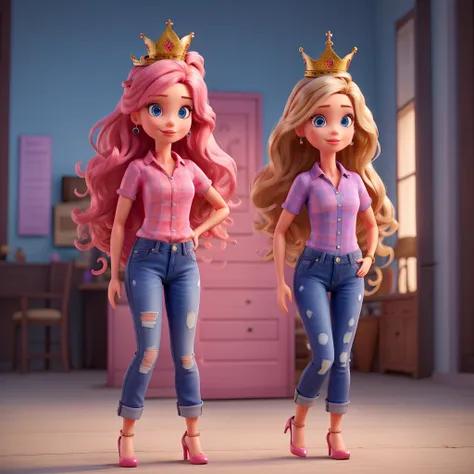 Create a barbie with knee-length hair, blue eyes, dark blue jean pants, pink shirt, pink glitter heels and a crown on her head