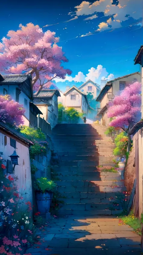 Little Boy, Back view, Stairs and flowering tree々Picture of a street with, anime. by Makoto Shinkai, rio de janeiro in an anime film, by Makoto Shinkai, by Makoto Shinkai, anime background art, anime movie background, anime scenery, Makoto Shinkai&#39;s St...