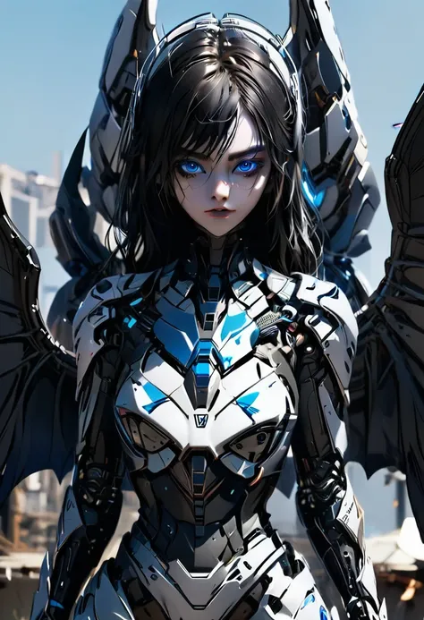 Badass girl and furious wings. Black and white suit. Blue eyes. Hyperrealistic. Badass. Robotic.