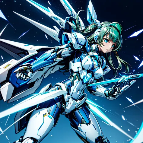 masterpiece, high quality, Cyborgization、Gynoid Cyborg Body、The face is of Minami Kotori.、mechanical parts、Blue and white leotard armor、solo focus、Single image、from front, full body、Mechabare、damage、When it breaks down, precision machinery is exposed from ...