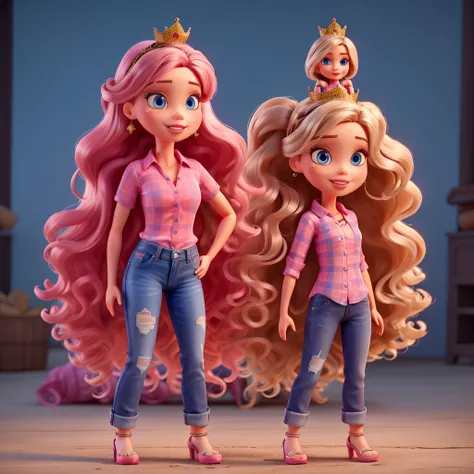 Create a barbie with long dark brown knee-length hair, blue eyes, dark blue jean pants, pink shirt, pink glitter heels and a crown on her head